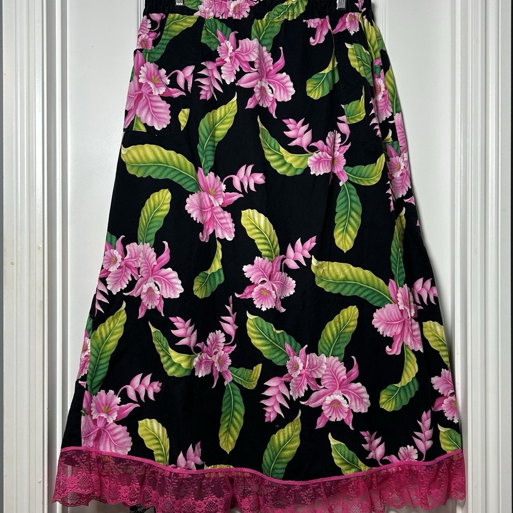 Handmade Black Tropical Orchid Floral Print Hot Pink Lace‎ Ruffle Hem Midi Skirt